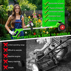 AYSLCKR four-blade system tackles delicate grass to thick weeds.