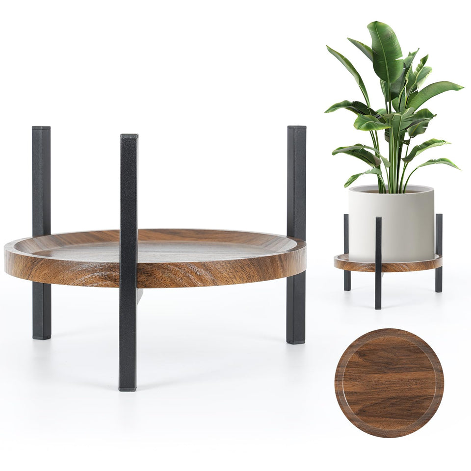 AZADESJET adjustable walnut-tray-stand demonstrates width flexibility for different pot sizes.