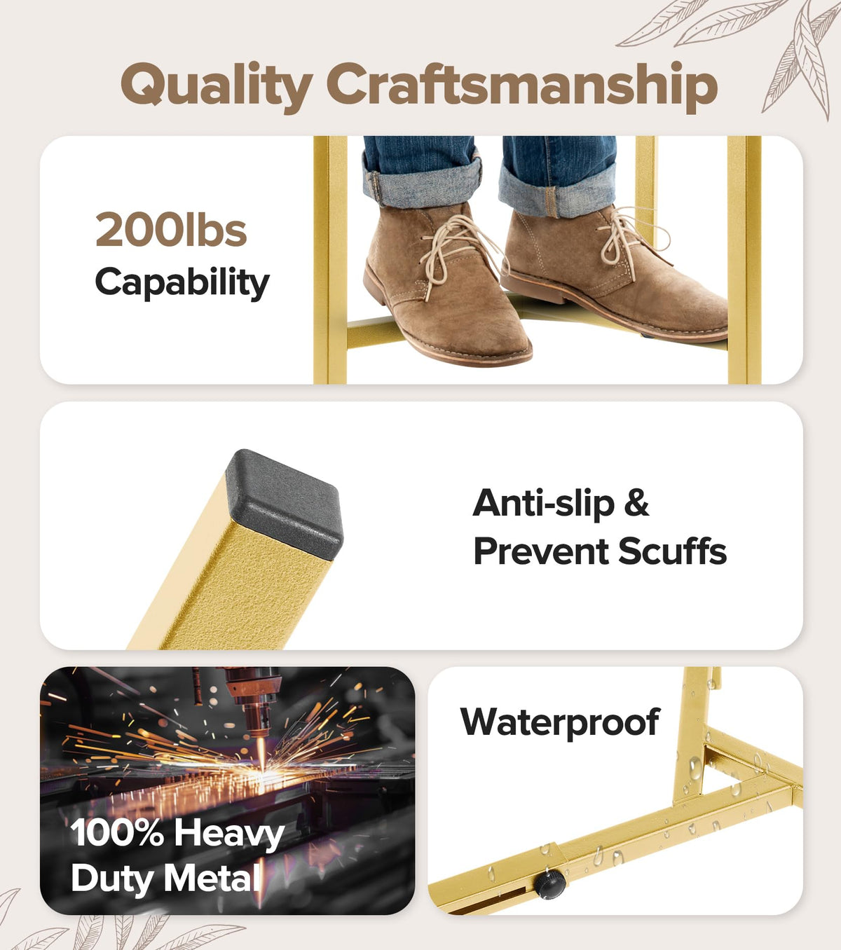 Sturdy metal construction supports up to 200 lbs with quick assembly.