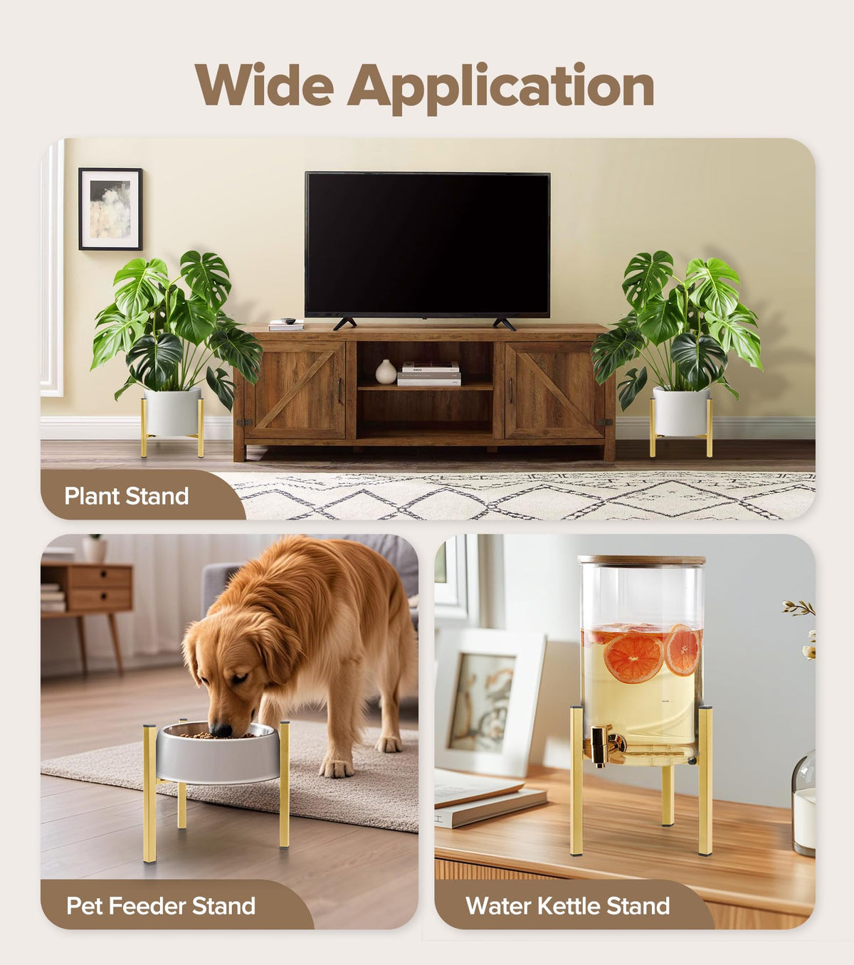 Gold-finish stand complements modern decor with a sleek look.