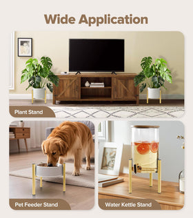 Gold-finish stand complements modern decor with a sleek look.