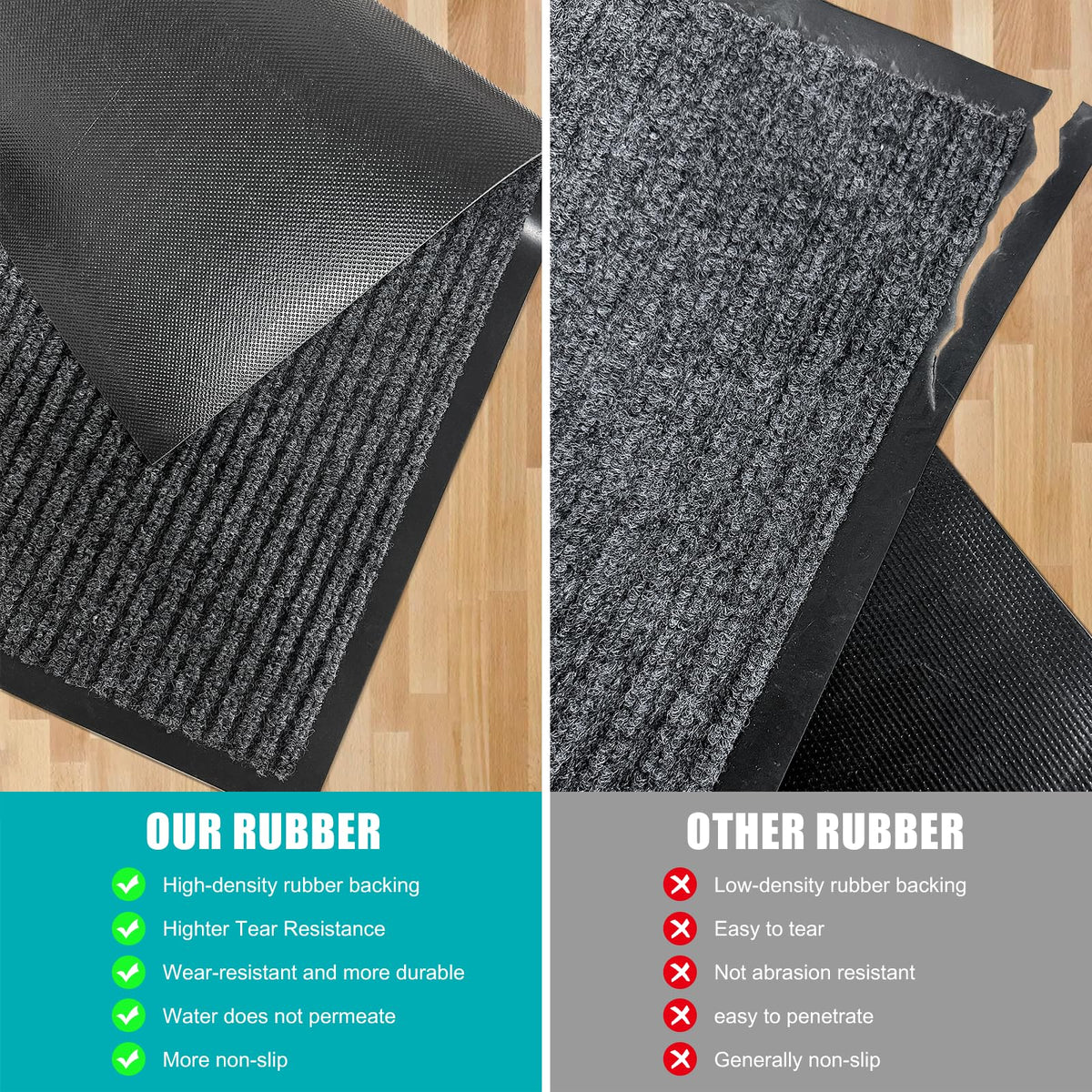 Azadx door mat non-slip backing keeps mat in place for safe steps.