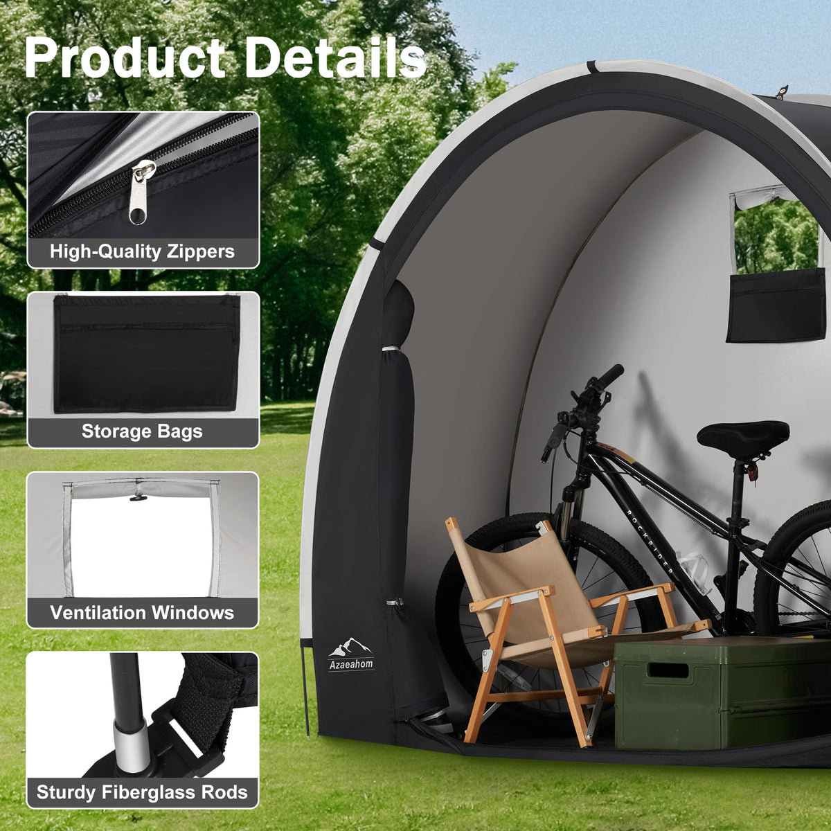 Azaeahom bike storage tent features a sturdy aluminum frame for stability.