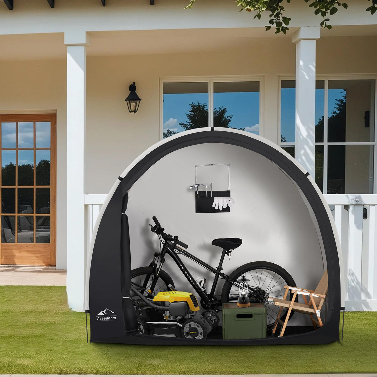 Azaeahom bike storage tent shows two bikes stored side by side.