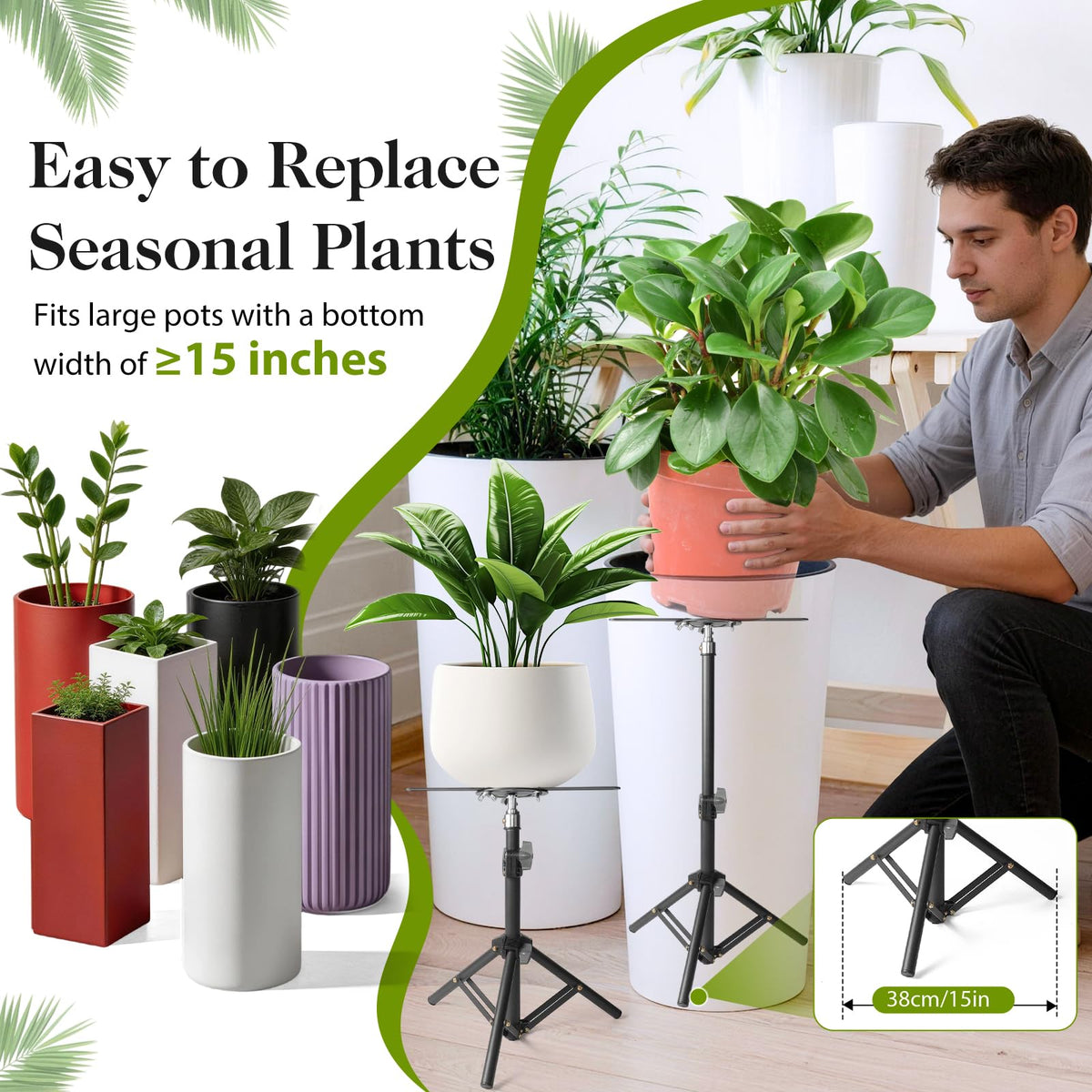 AZEAM tripod base provides stable support for heavy indoor plants.