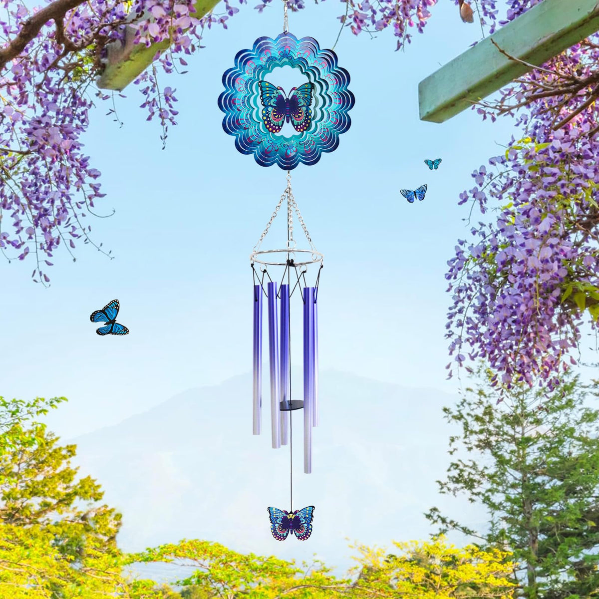AZEEBOI wind chimes feature blue butterfly design for sunny display