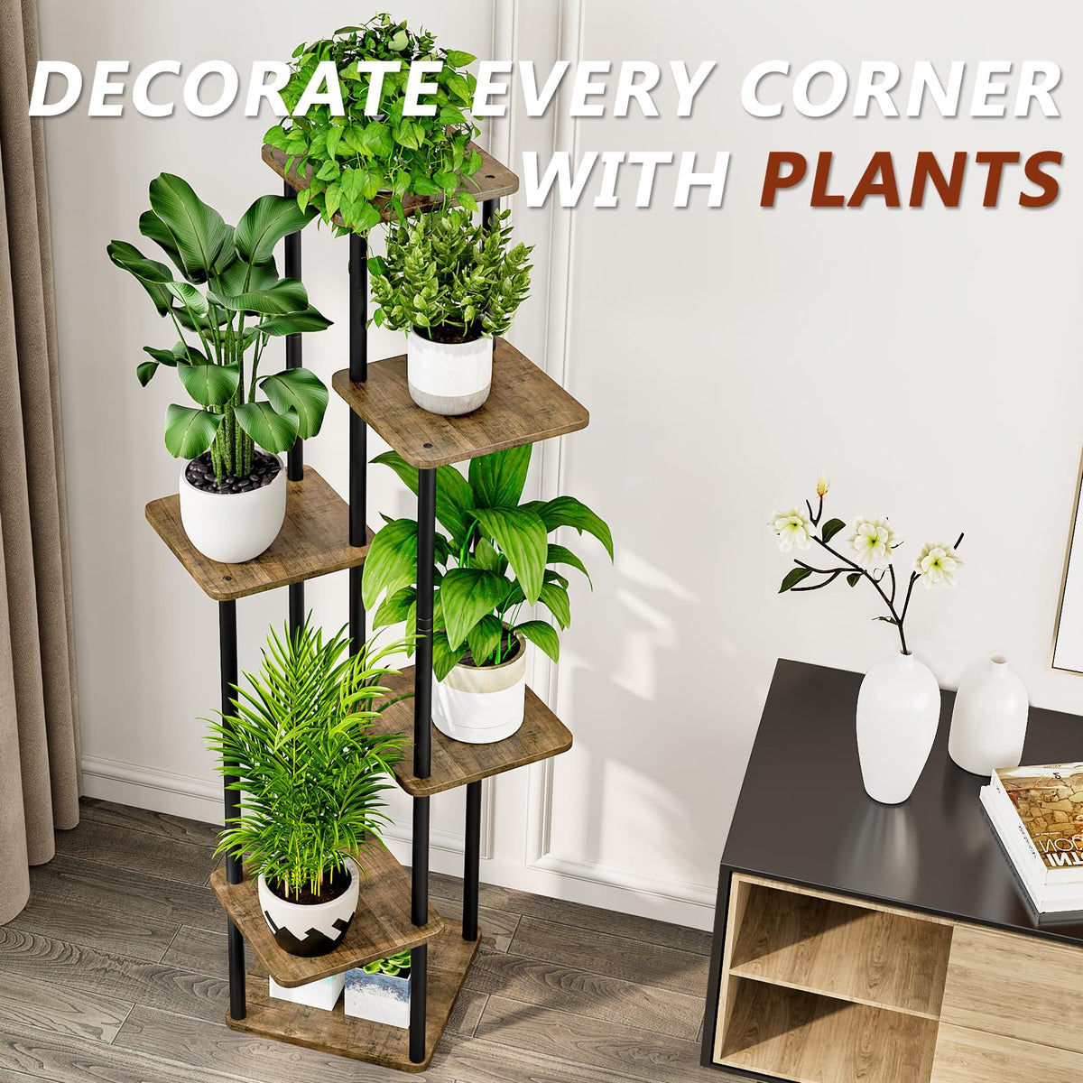 AZERPIAN decorative plant display in living room enhances ambiance.