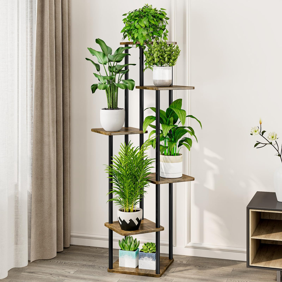 AZERPIAN 6-tier tall plant shelf fits pots of various shapes and sizes.