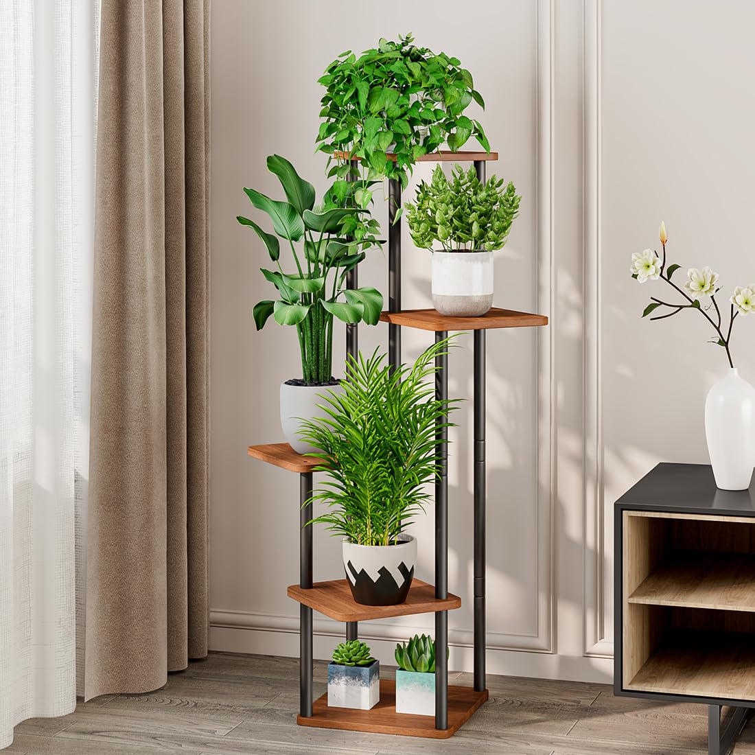AZERPIAN 5-tier corner display highlights organized plant arrangement and decor.