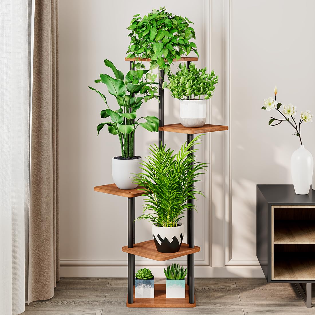 AZERPIAN walnut finish stand showcases tallest plants on the top shelves.