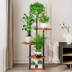 AZERPIAN walnut finish stand showcases tallest plants on the top shelves.