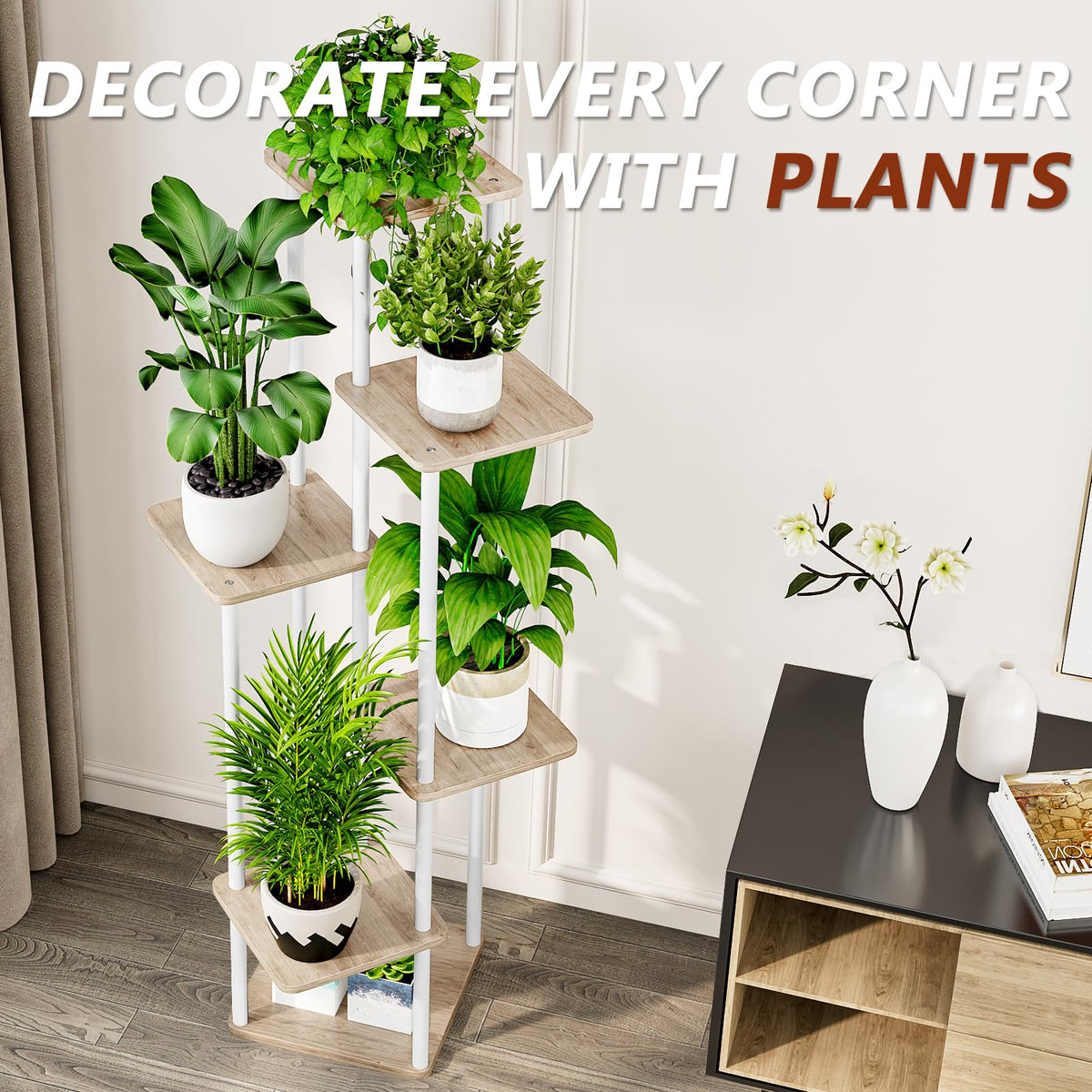 AZERPIAN Plant Stand 6-Tier corner placement demonstrates versatile room fit.