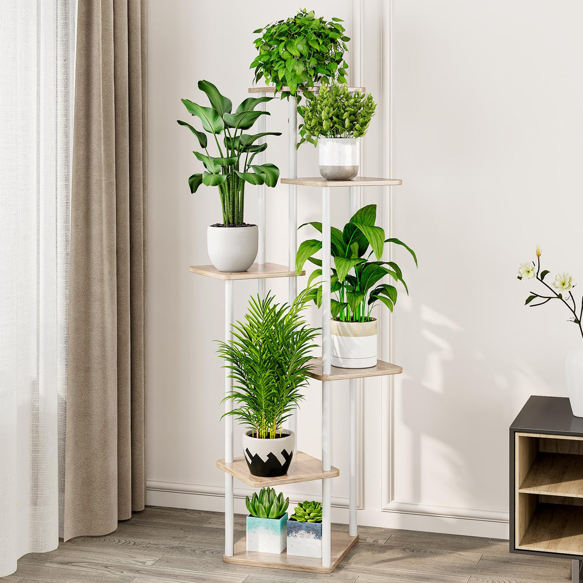 AZERPIAN Plant Stand 6-Tier side view emphasizes stable, tall corner layout for tight spaces.