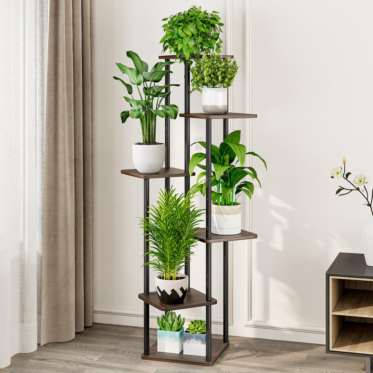 AZERPIAN 6-tier plant stand side view showing compact corner organization