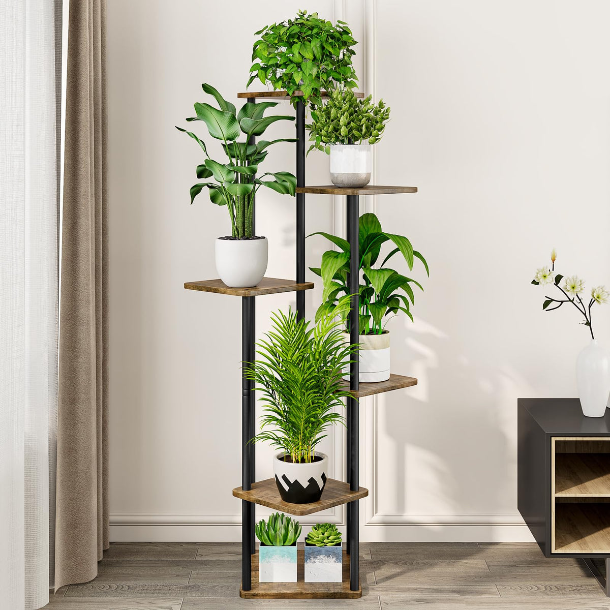 AZERPIAN black metal plant stand adds a sleek, modern touch to balconies.