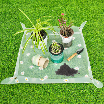 Azureblue repotting mat with clear surface keeps soil contained during potting.