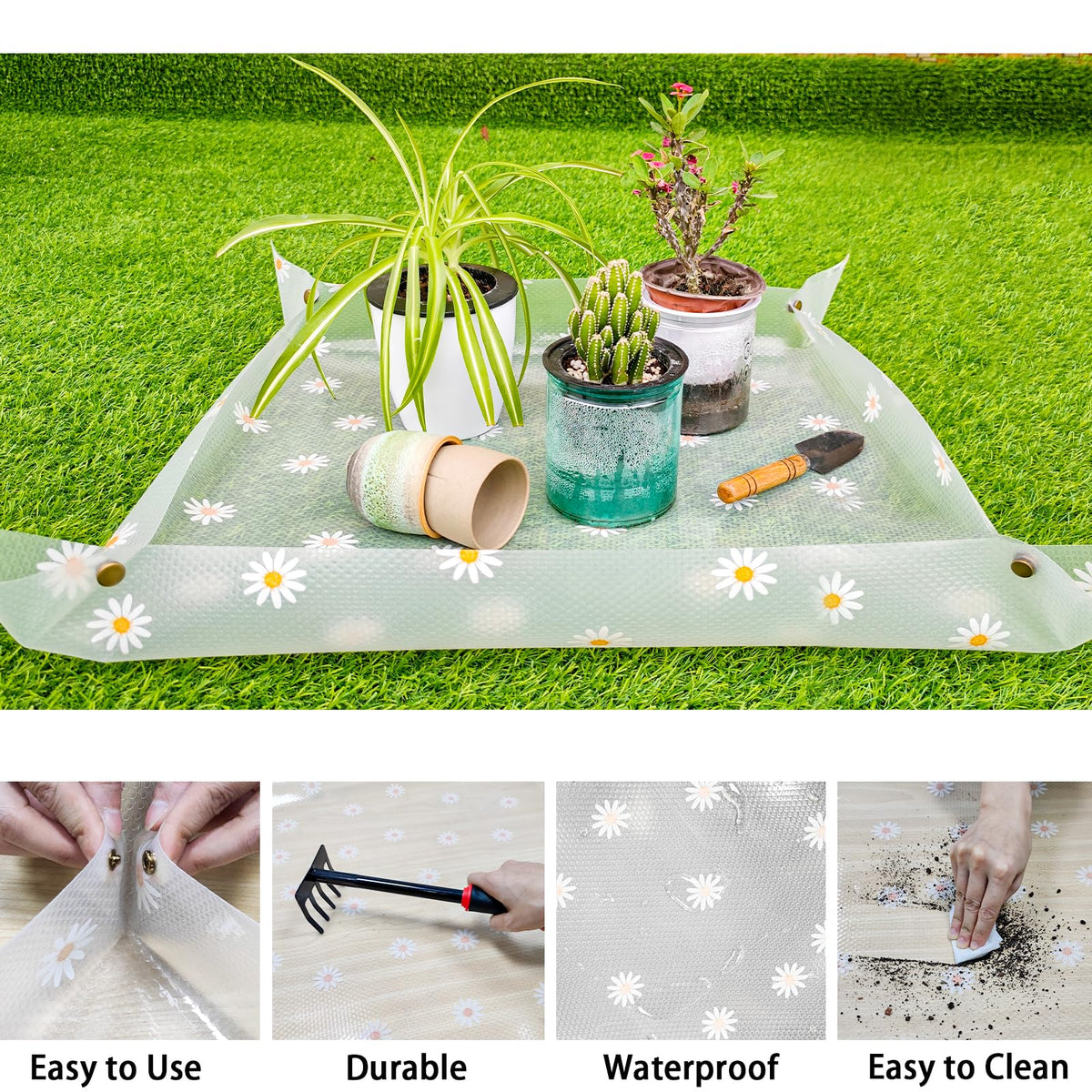 Azureblue waterproof indoor plant mat protects surfaces from spills during potting.