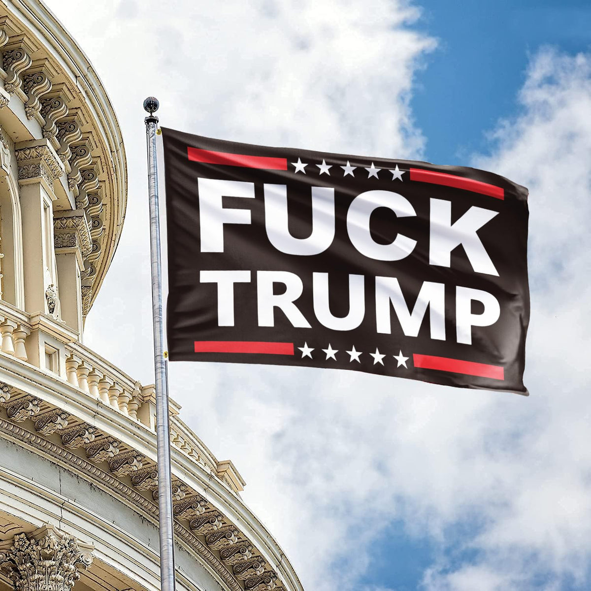 Azurtis Fuck Trump Flag wide shot shows flutter in real-world setting