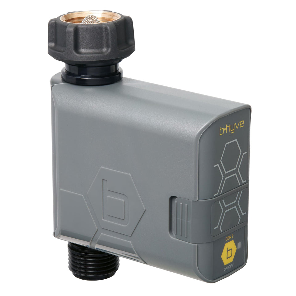 B-hyve Smart Hose Timer front view showing weather-based watering control for efficient irrigation