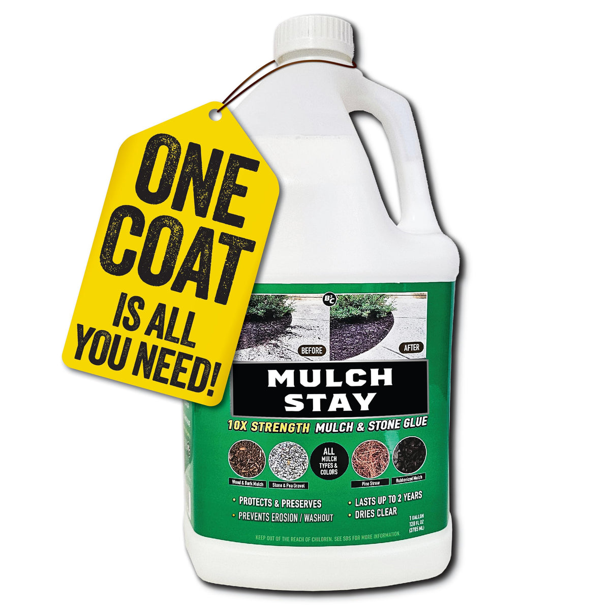 B3C Fuel Solutions Mulch Stay bottle pour enables quick one-coat coverage for mulch.