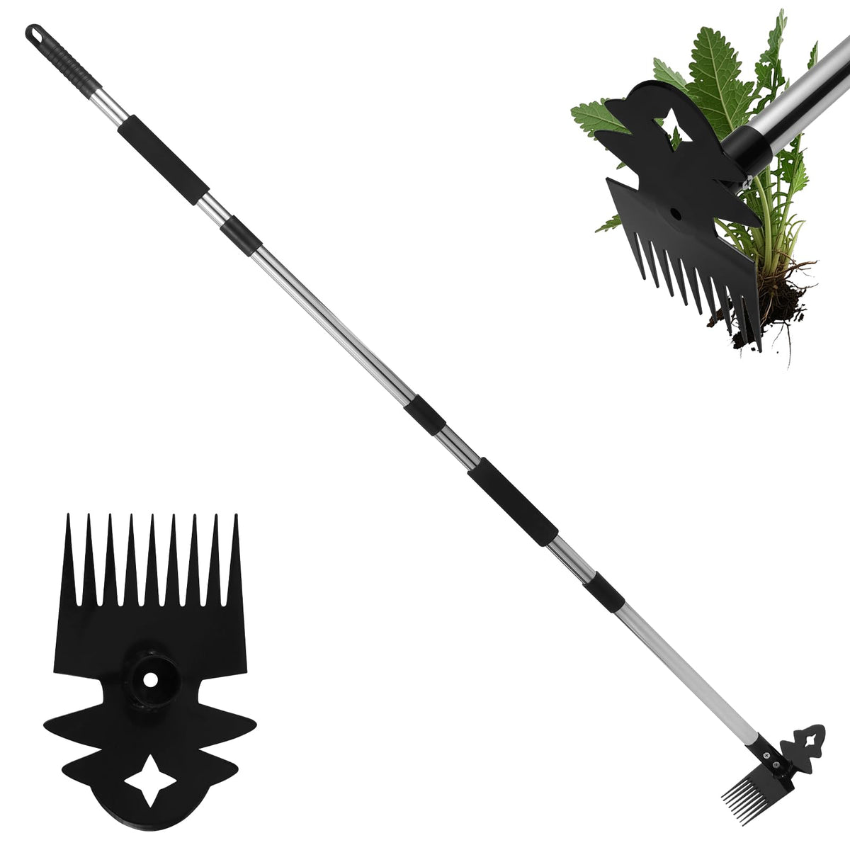 Babook weed tool with long handle enables standing weed removal for yard sessions.
