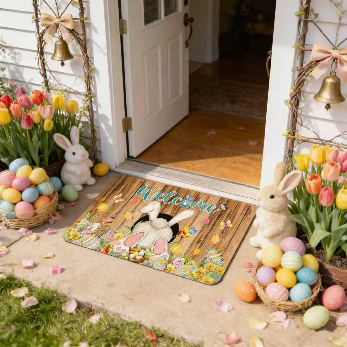 Babylounger Bunny rug showcases cheerful design for indoor or outdoor greeting.