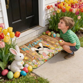 Babylounger Easter door mat emphasizes easy, quick cleanup after outdoor use.