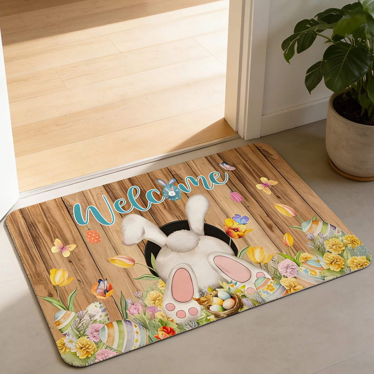 Babylounger Easter doormat on the front porch offers a durable, weather-ready welcome.