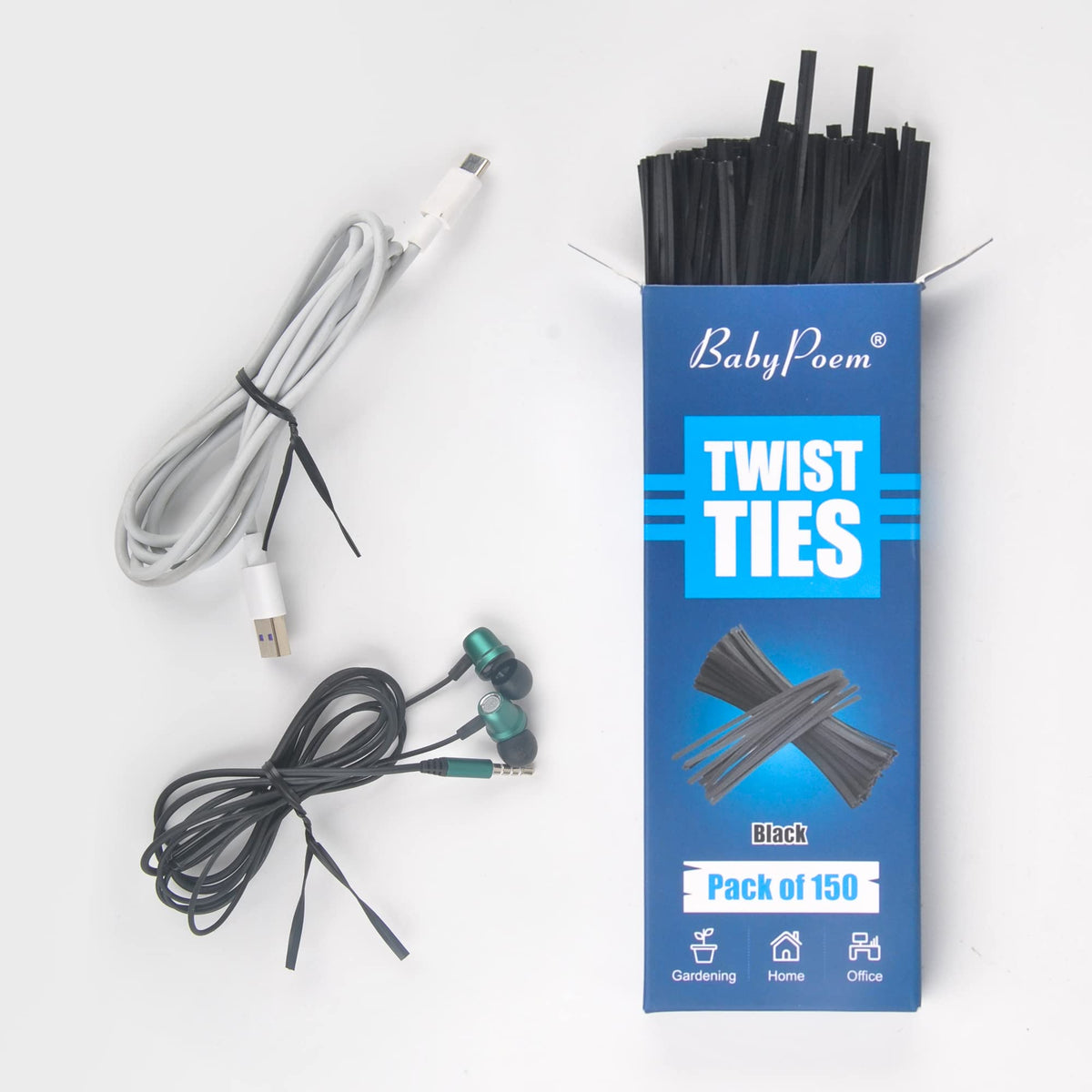 BABYPOEM Twist Ties black color shown for bags and cables