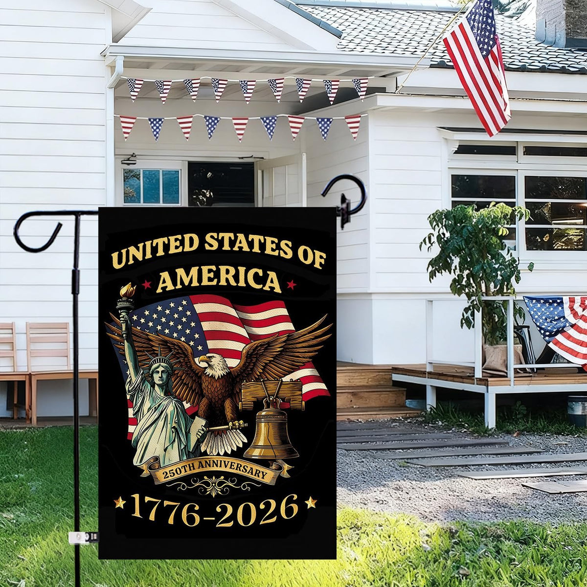 Baccessor commemorative 1776-2026 flag design in a lawn display.