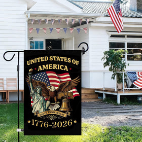 Baccessor commemorative 1776-2026 flag design in a lawn display.