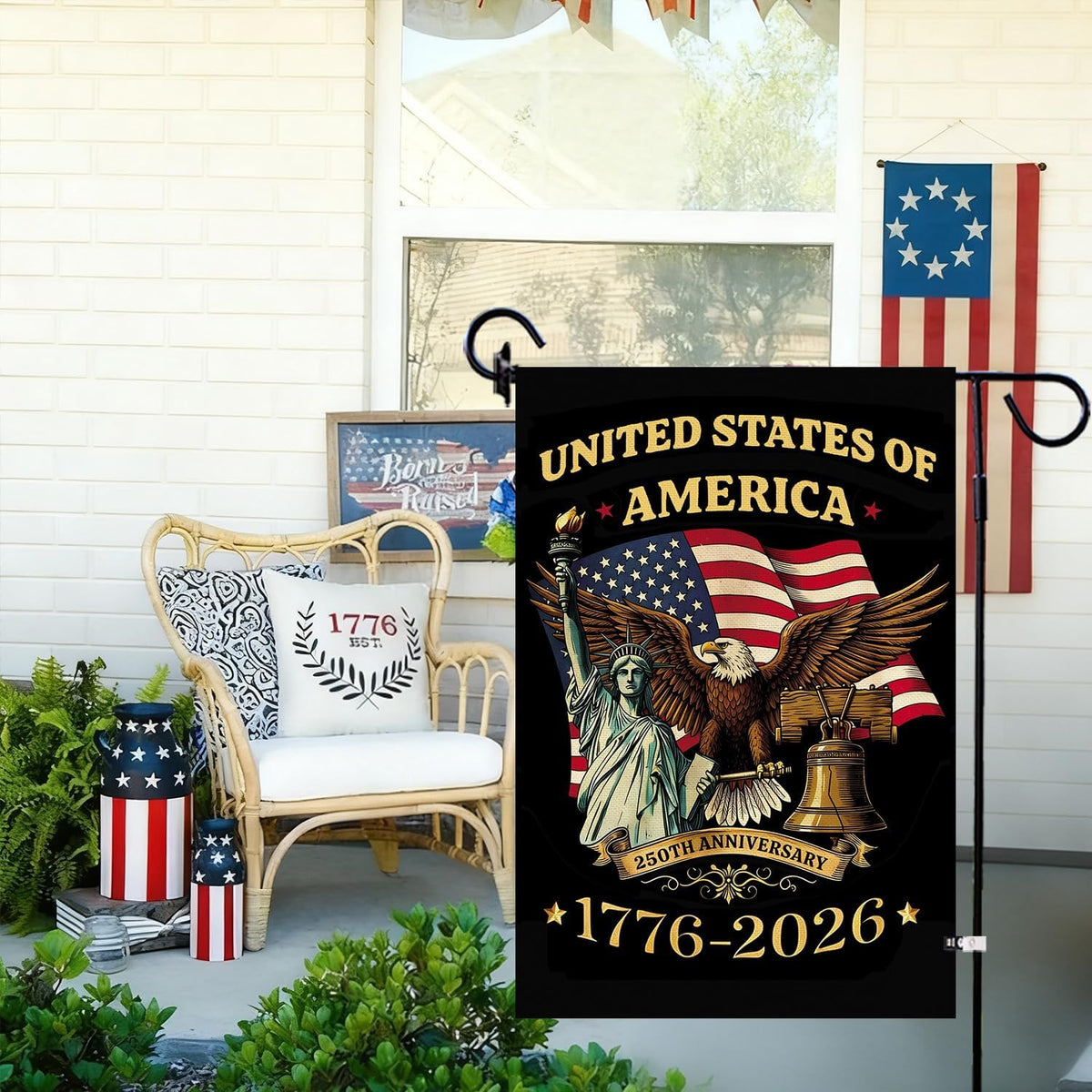 Baccessor 250 Years USA garden flag back view shows double-sided print for full visibility.