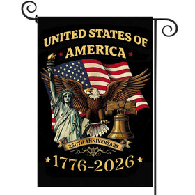 Baccessor 250 Years USA garden flag front view in burlap, ready to greet guests outdoors.