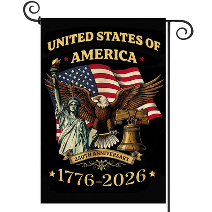 Baccessor 250 Years USA garden flag front view in burlap, ready to greet guests outdoors.