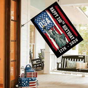Baccessor porch display flag shown outdoors with patriotic decor