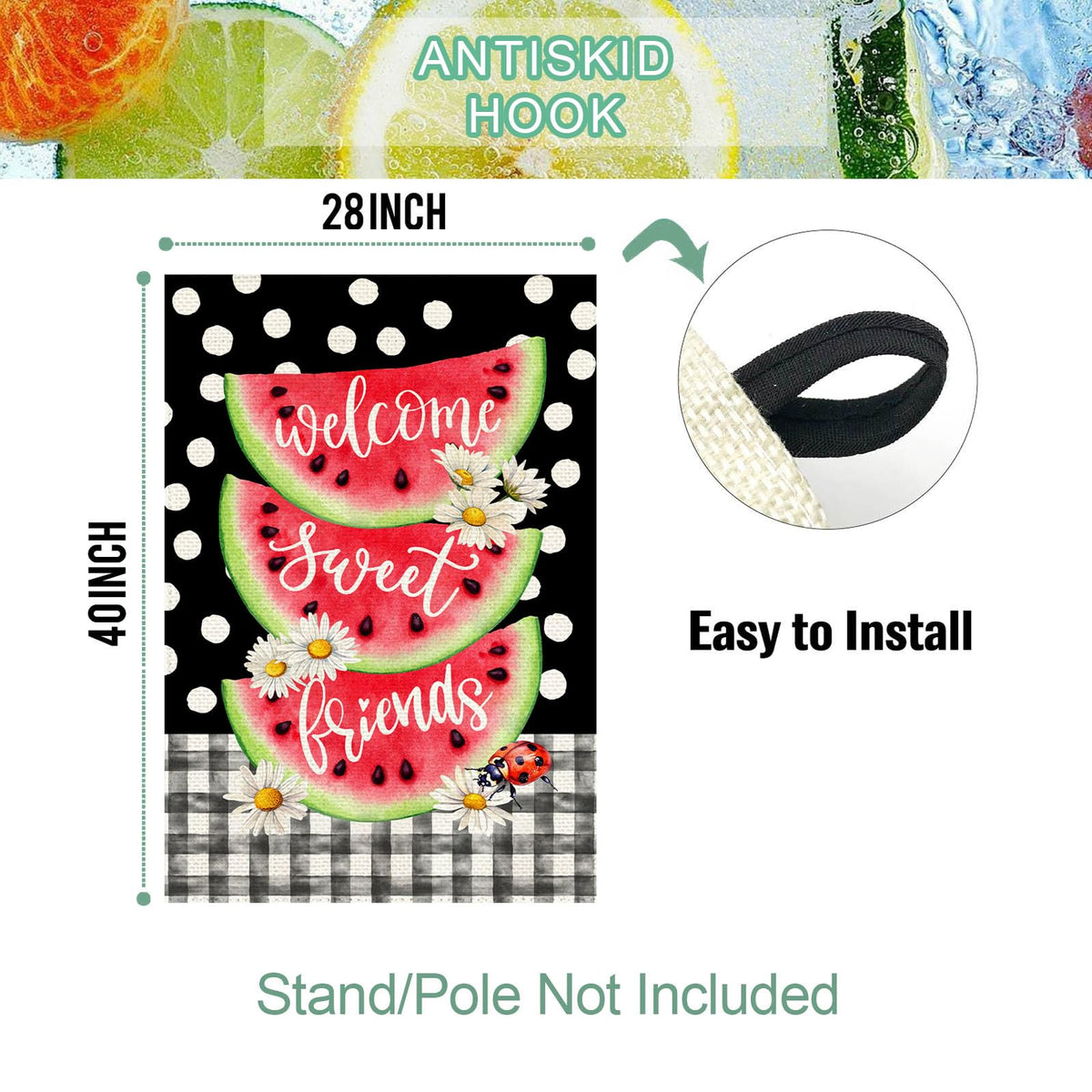 Baccessor 28x40 inch flag showcases watermelon motif for porch accents.