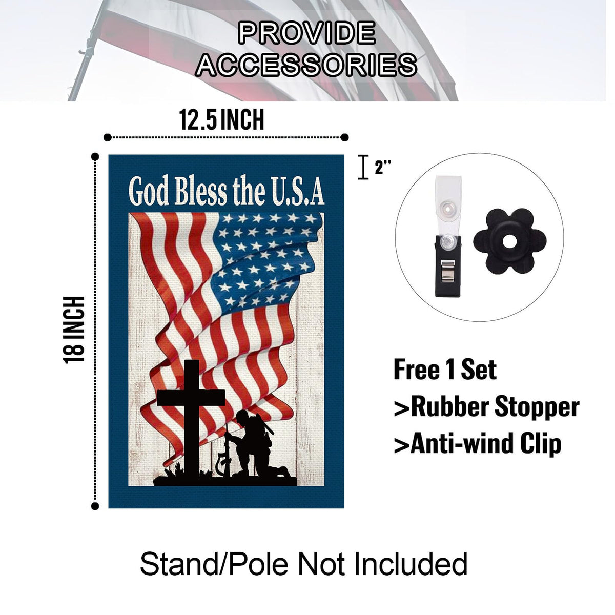 Baccessor flag with rubber stopper and anti-wind clip for secure placement.
