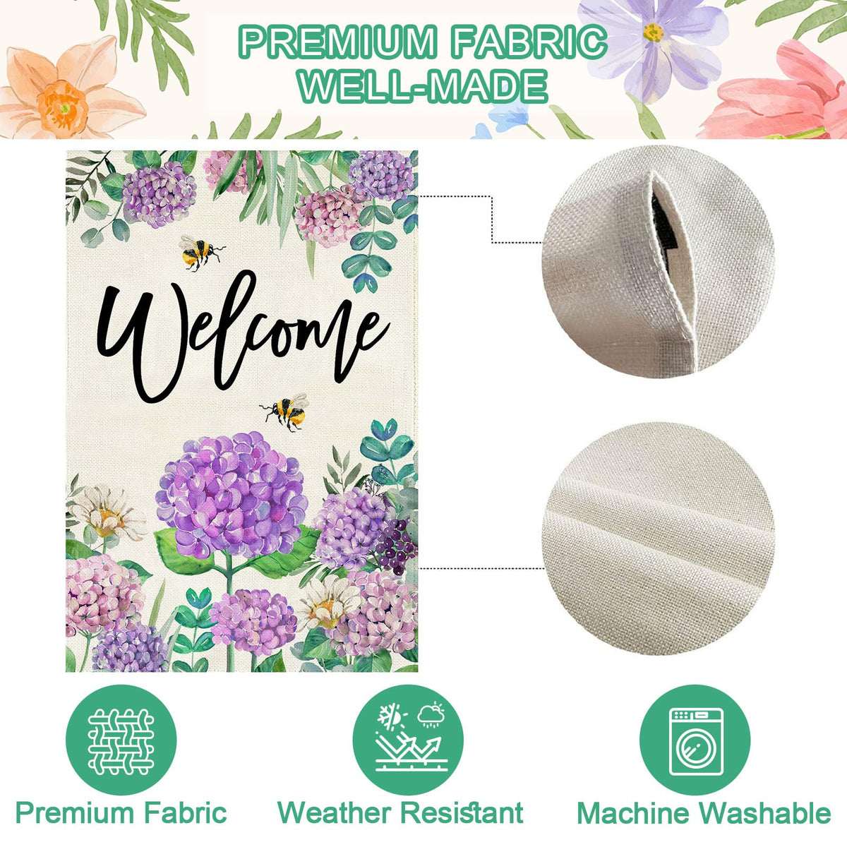 Baccessor double-sided hydrangea flag enhances visibility from multiple angles.