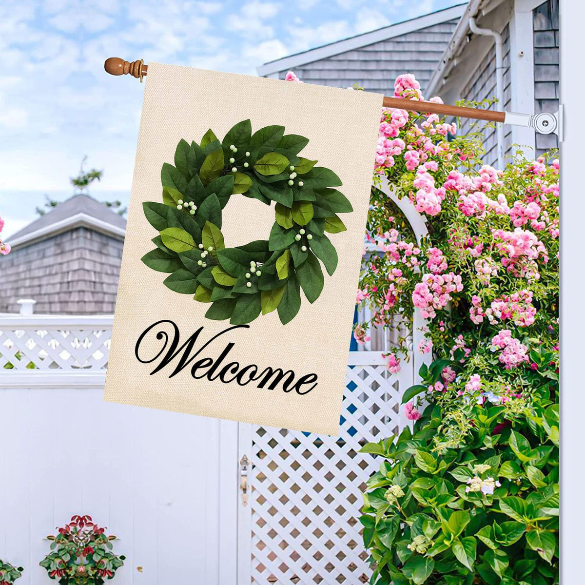 Baccessor burlap flag with double-sided print for vibrant display on both sides.