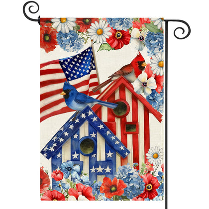 Baccessor Cardinal Garden Flag, double-sided burlap visible in outdoor setting, ideal for curb appeal.