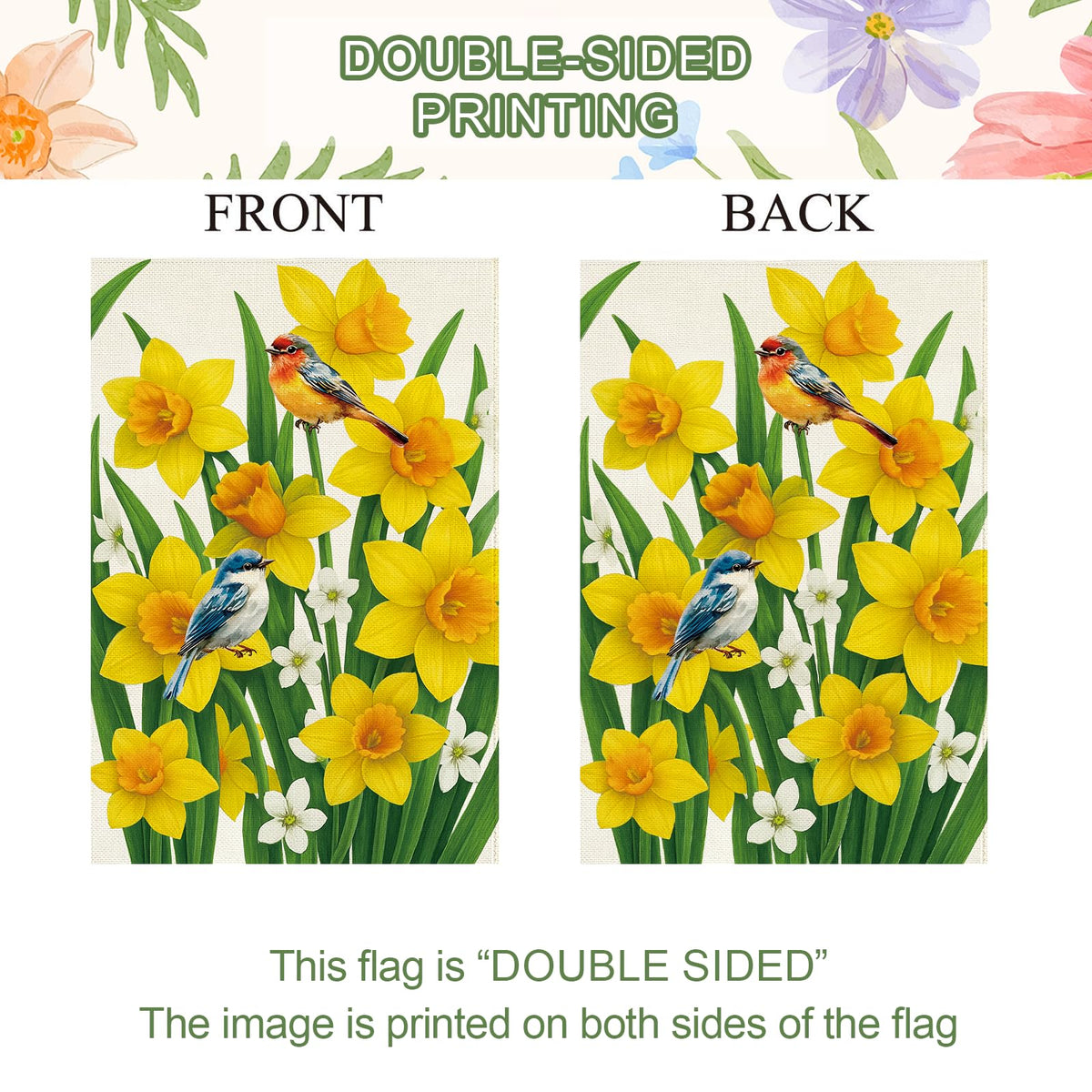 Baccessor daffodils garden flag back view with double-sided print