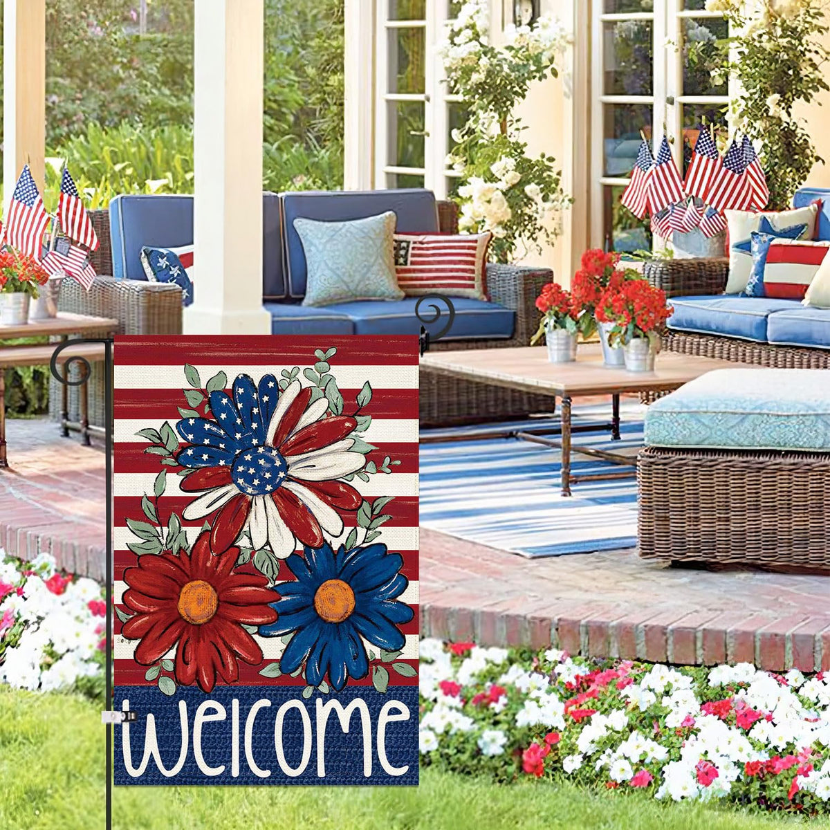 Baccessor double-sided burlap flag print visible from multiple garden angles