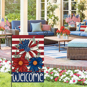 Baccessor double-sided burlap flag print visible from multiple garden angles