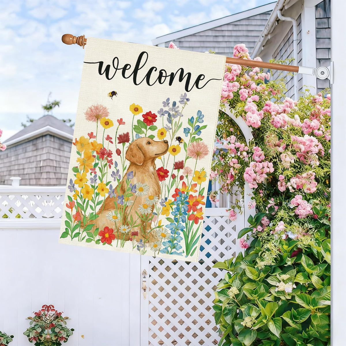 Baccessor floral design flag demonstrates durable, weatherproof appeal for year-round display.