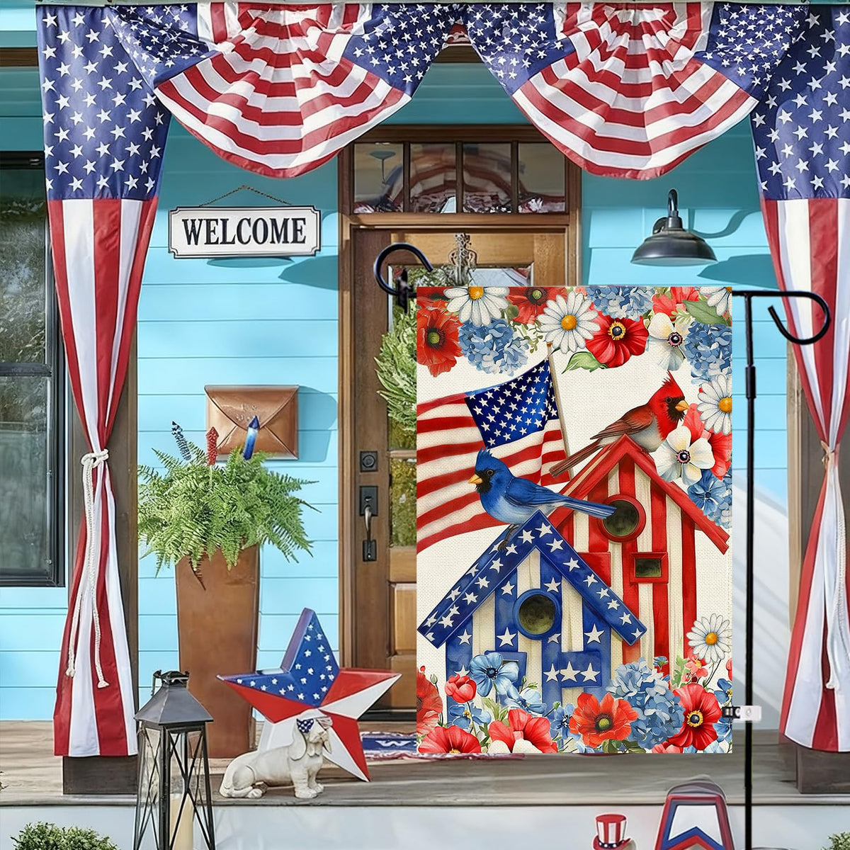 12.5 by 18 inch Baccessor flag displayed on a porch or mailbox.