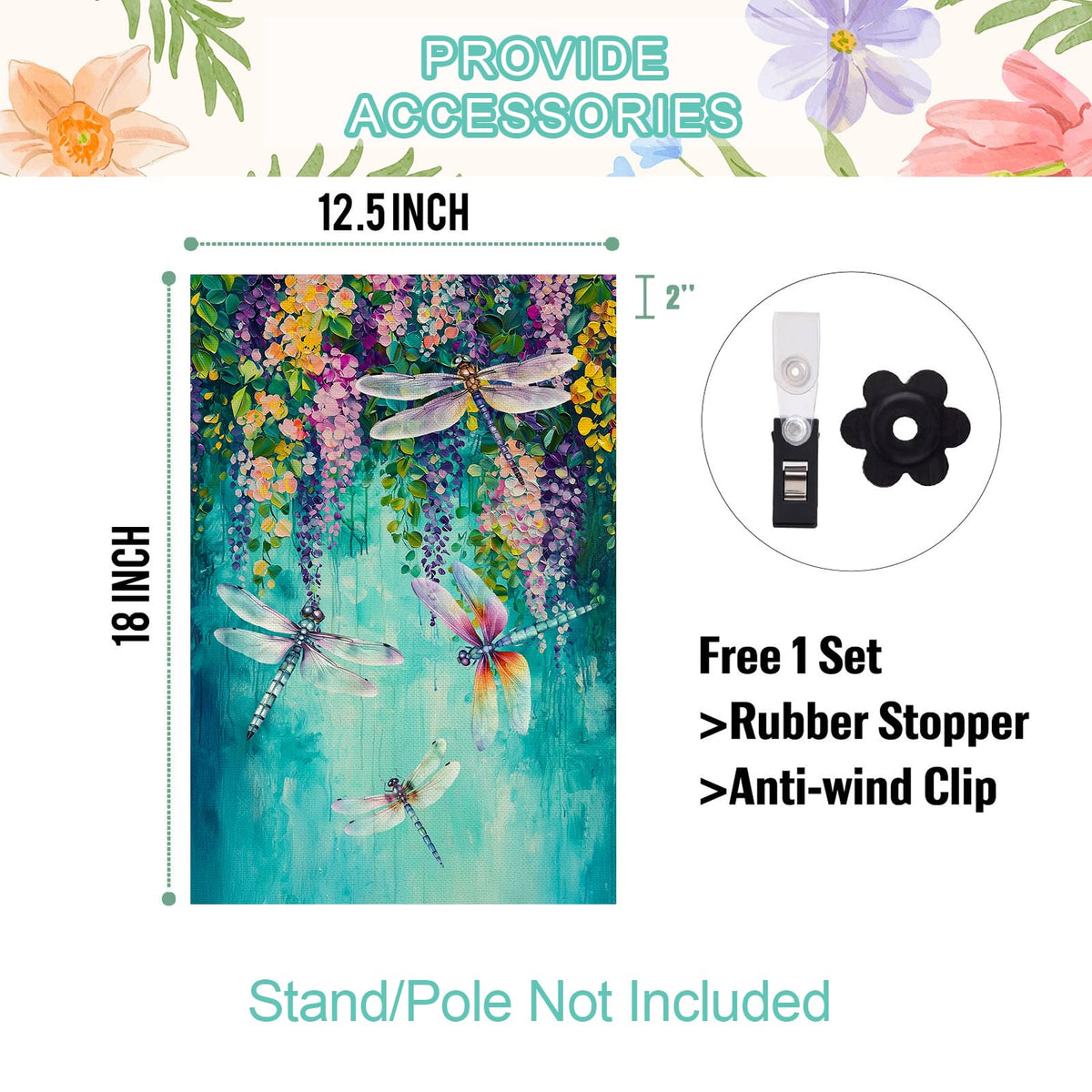 Baccessor floral welcome flag sleeve design enables quick setup on standard poles.