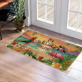 Baccessor flamingo-parrot door mat on burlap surface provides durable, non-slip protection.
