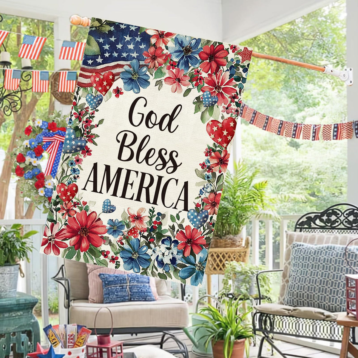 Baccessor floral America garden flag 28x40 adds festive color to porch or yard.