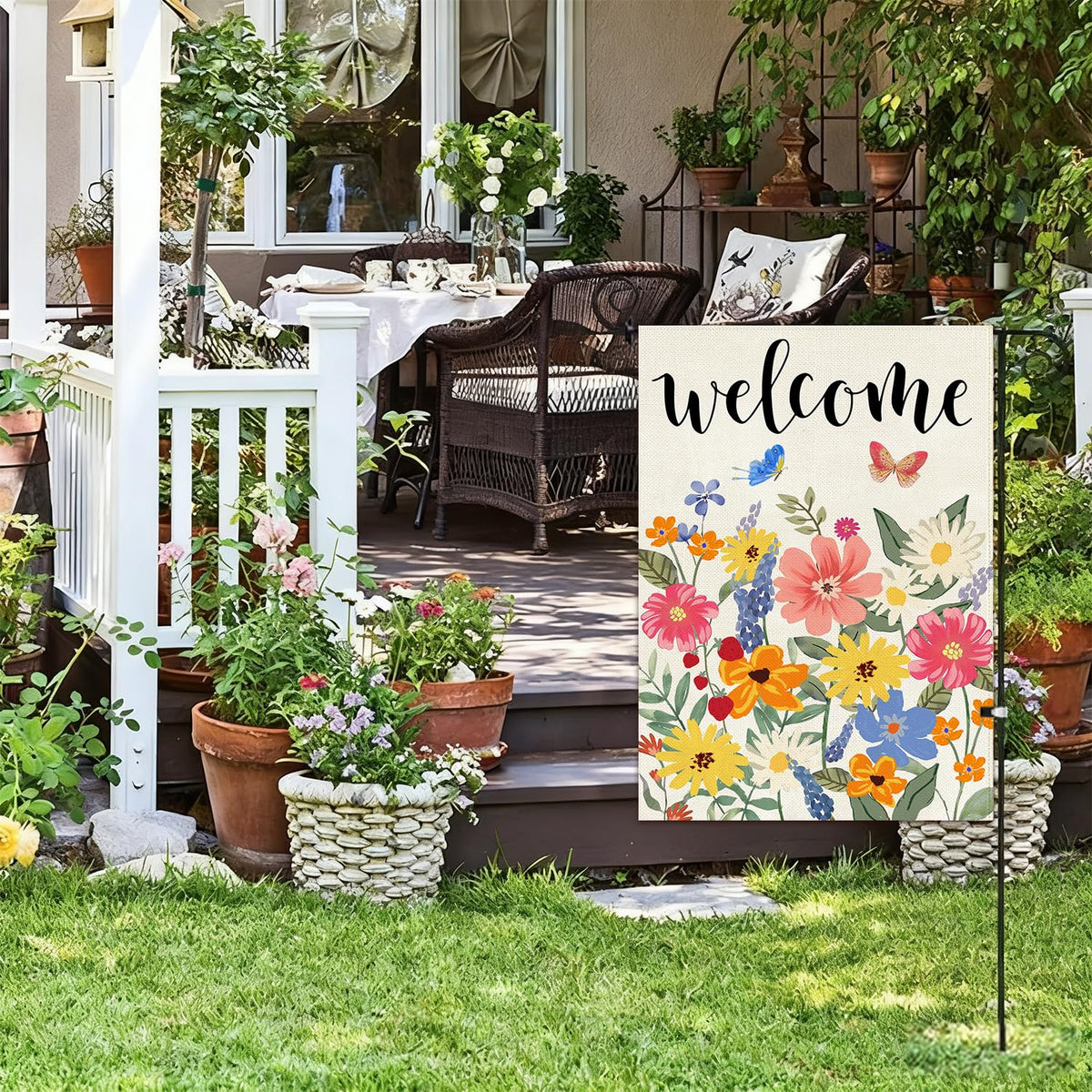 Baccessor floral butterflies flag, burlap print adds porch curb appeal.