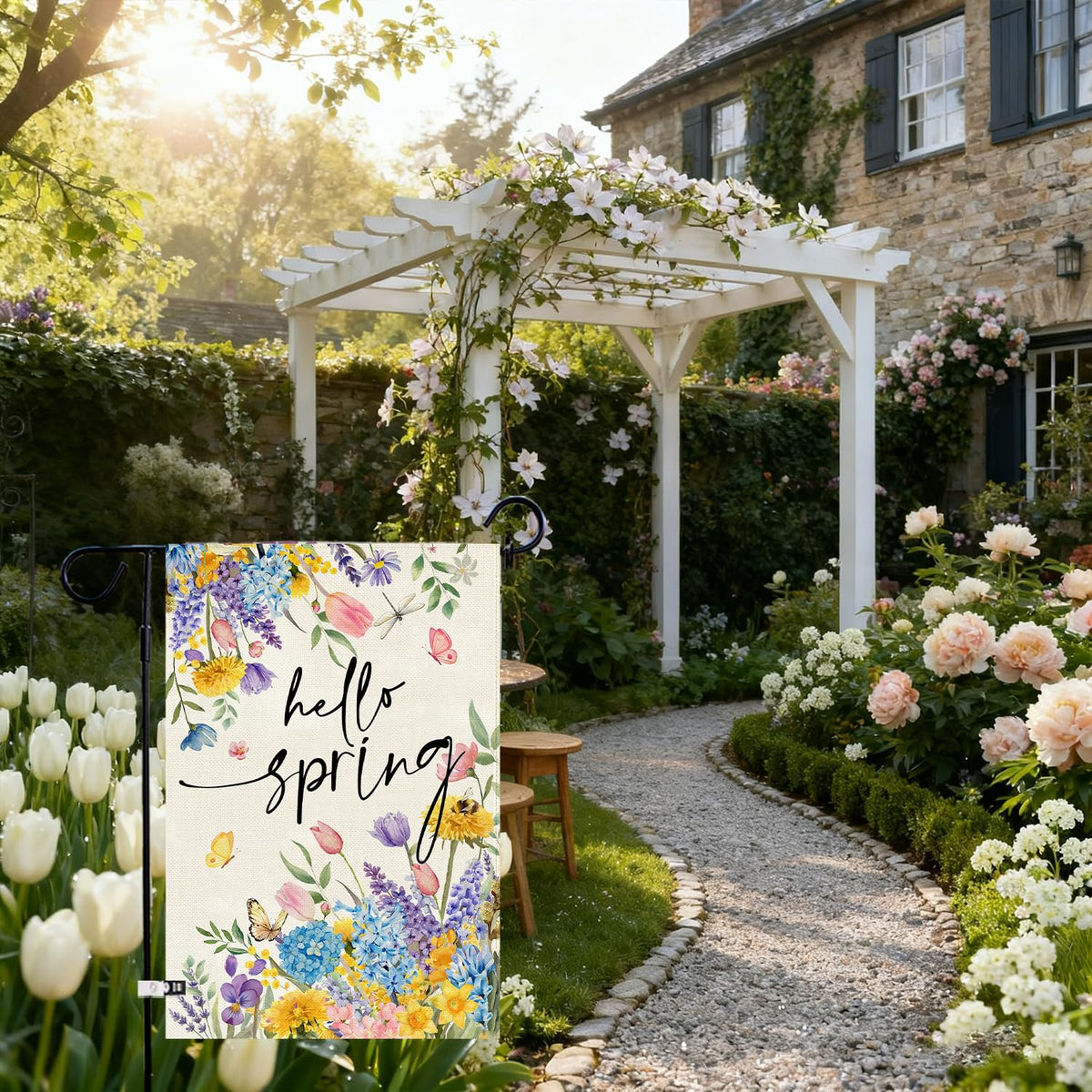 Baccessor floral flag features washable, fade-resistant printing for repeated seasonal use.